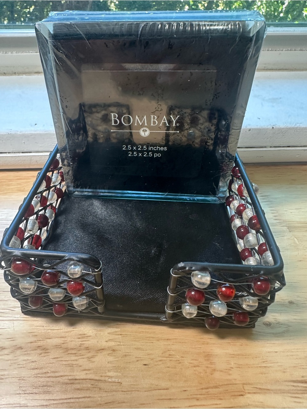 Bombay Co beaded caddy with four glass 2 x 5” x 2 x 5” photo coaster set